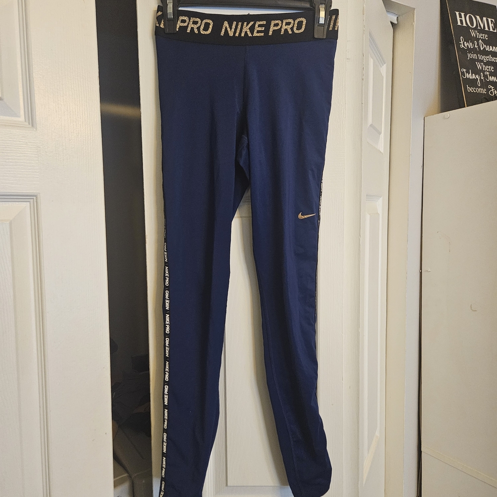 Nike Pro Blue Leggings with Gold Details